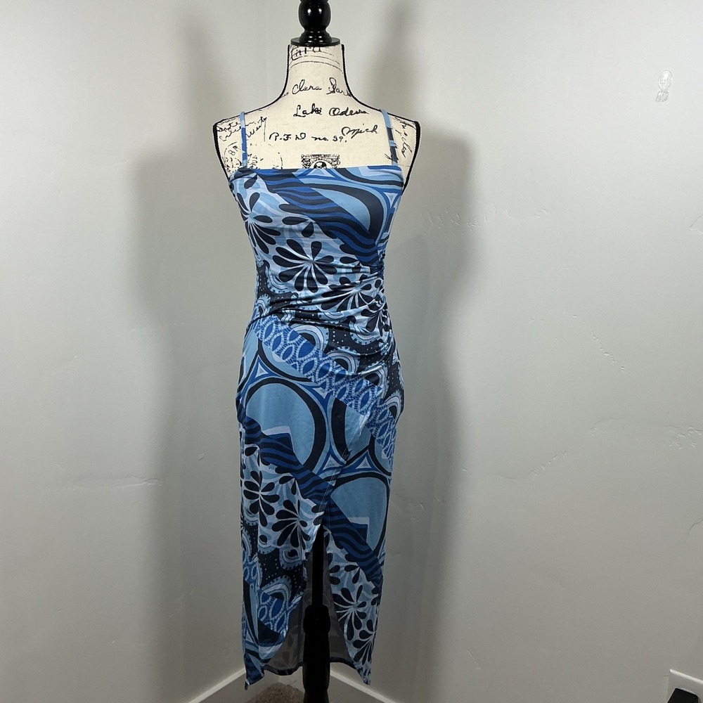 Urban Outfitters Midi Dress  XS Blue Psychedelic‎ Ruched Tulip Hem Excellent